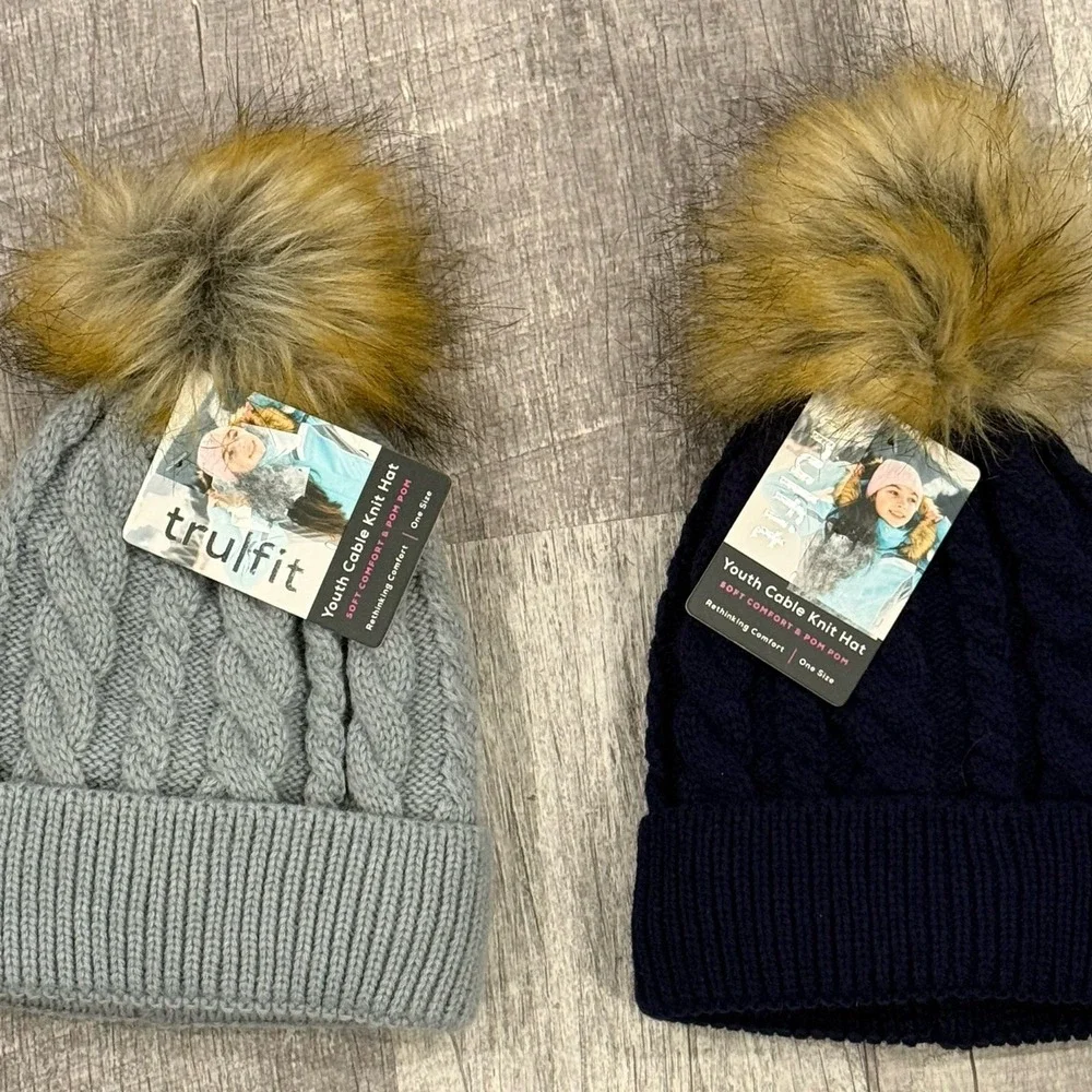 Brand New With Tags! 2 Cable Knit Youth Hats With Pom Pom Navy and‎ Grey